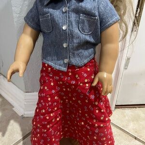 American Girl Pleasant Company Denim Top and Red Floral Skirt for Doll